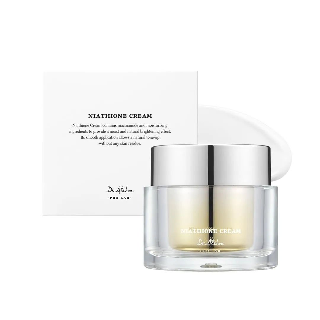 dr-althea-niathione-cream-30ml-packaging. Dr Althea Niathione Cream 30ml clear tub with silver cap on plain