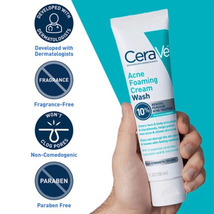 CeraVe Acne Foaming Cleanser 150ml with 10% Benzoyl Peroxide for acne-prone and oily skin