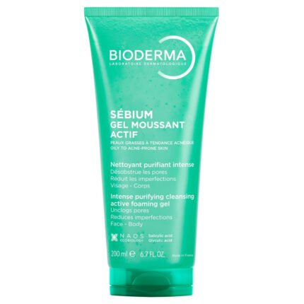 Bioderma Sébium Gel Moussant Actif 200ml green pump bottle on clean background